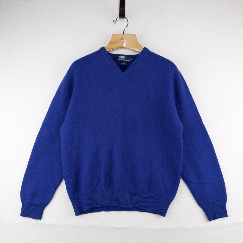 90's Vtg Polo Ralph Lauren Sweater Men's XL Blue 100% Lambswool Pullover Knit